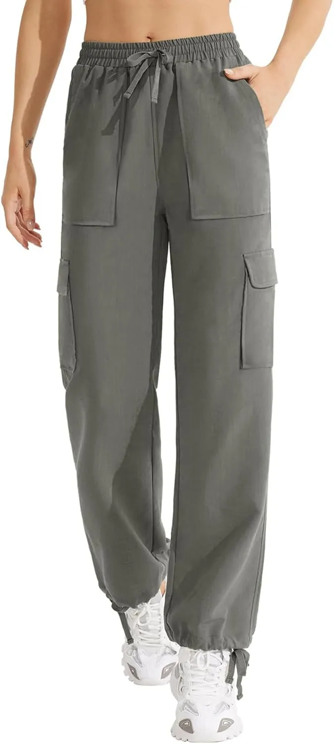 Cargo Sweatpants for Women Drawstring Straight Leg Cargo Joggers with Pockets High Waisted Hiking Pants Lounge Pants