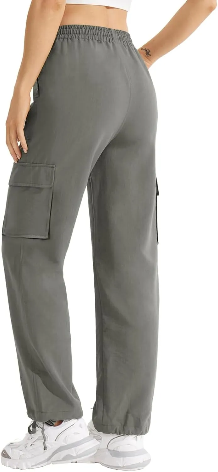 Cargo Sweatpants for Women Drawstring Straight Leg Cargo Joggers with Pockets High Waisted Hiking Pants Lounge Pants