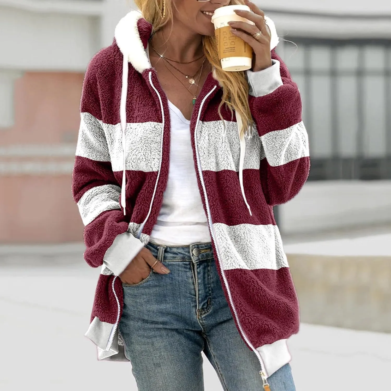 Casual Fuzzy Fleece Long Sleeves Hooded Cardigan For Women Solid Zip Up Coats Fuzzy Hooded Jacket Outerwear Pockets