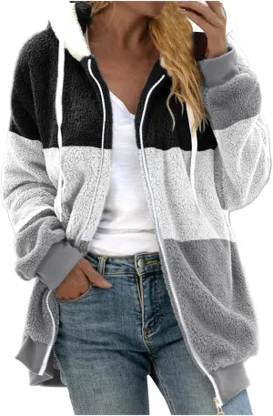 Casual Fuzzy Fleece Long Sleeves Hooded Cardigan For Women Solid Zip Up Coats Fuzzy Hooded Jacket Outerwear Pockets