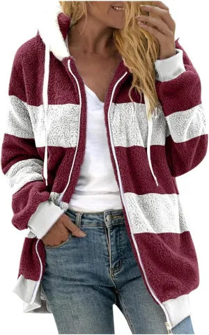 Casual Fuzzy Fleece Long Sleeves Hooded Cardigan For Women Solid Zip Up Coats Fuzzy Hooded Jacket Outerwear Pockets