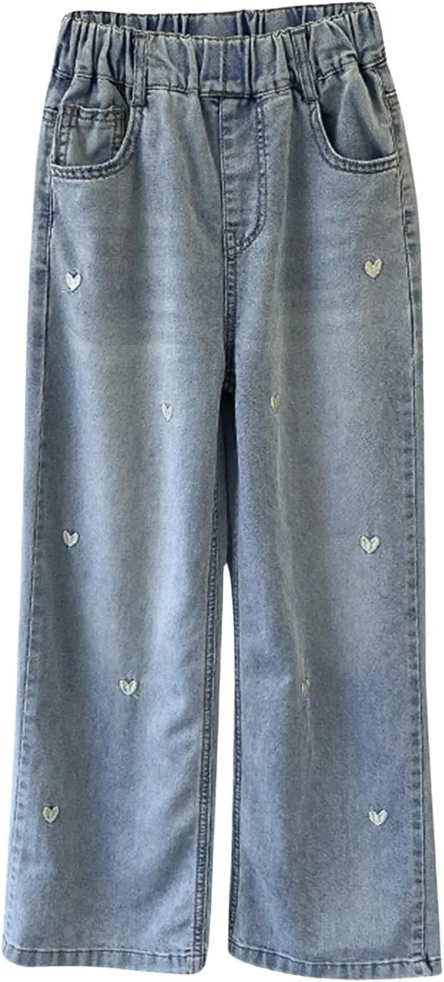 Children Kids Casual Ripped Jeans Wide Straight Leg Elastic Mid Waisted Baggy Trousers Summer Fashion Trendy Denim Pants