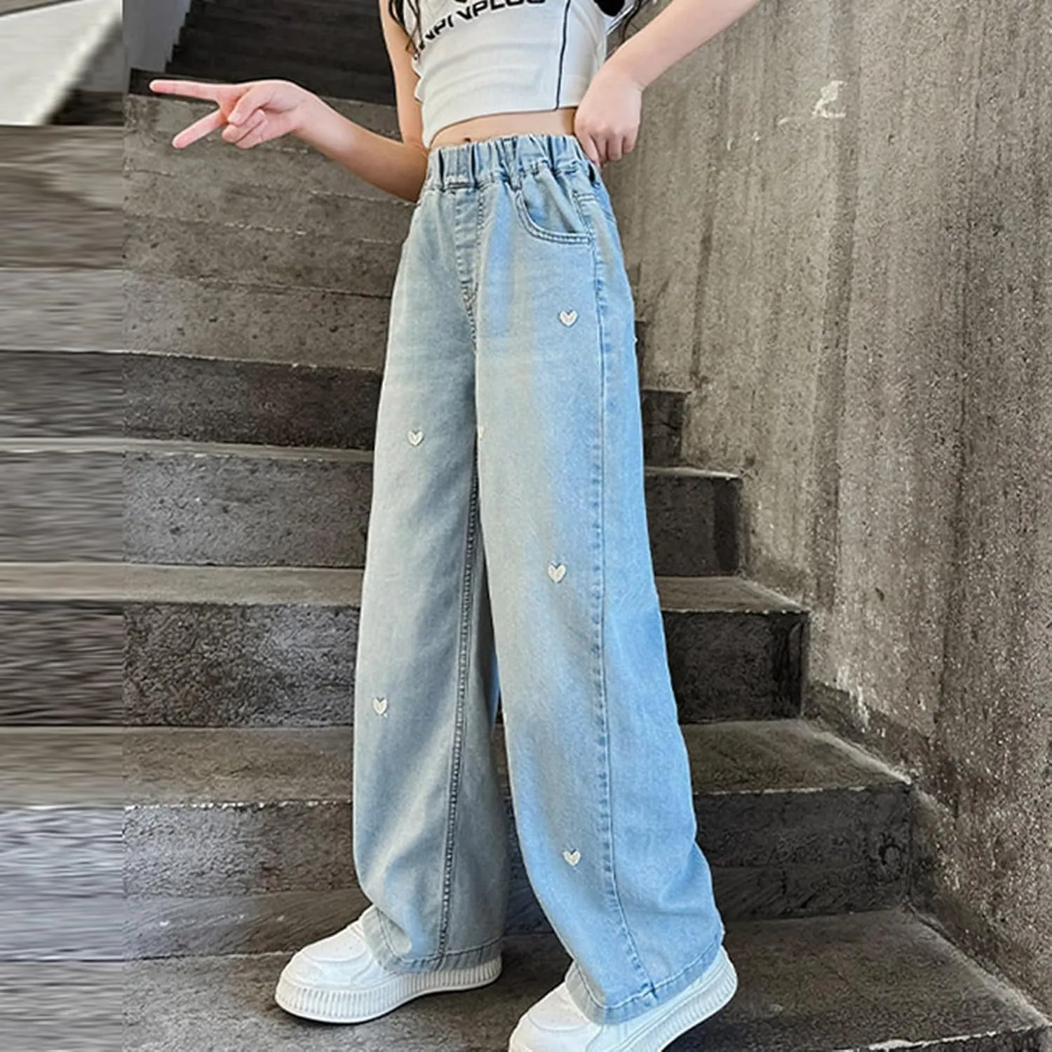 Children Kids Casual Ripped Jeans Wide Straight Leg Elastic Mid Waisted Baggy Trousers Summer Fashion Trendy Denim Pants