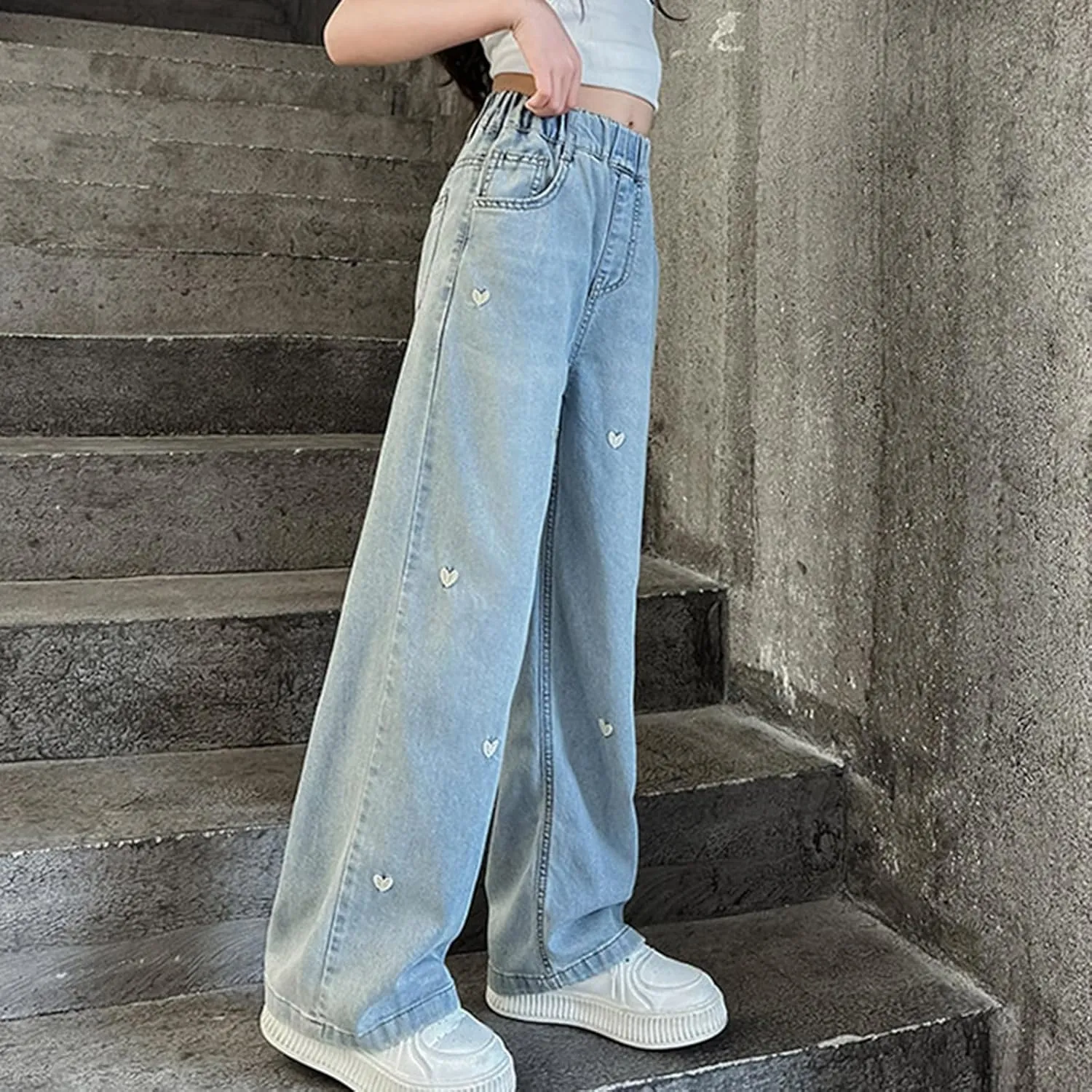 Children Kids Casual Ripped Jeans Wide Straight Leg Elastic Mid Waisted Baggy Trousers Summer Fashion Trendy Denim Pants