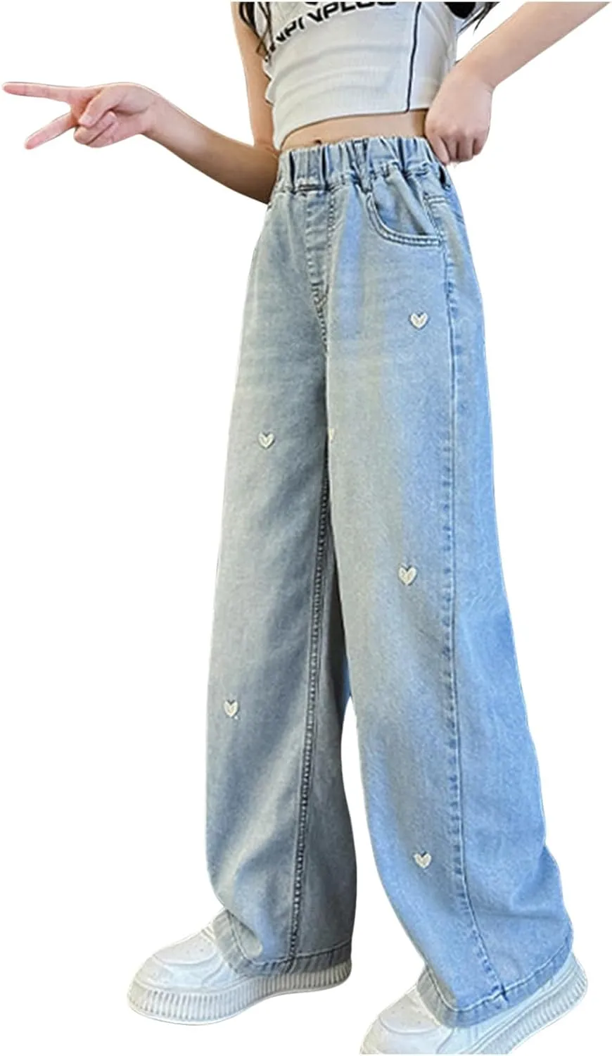 Children Kids Casual Ripped Jeans Wide Straight Leg Elastic Mid Waisted Baggy Trousers Summer Fashion Trendy Denim Pants