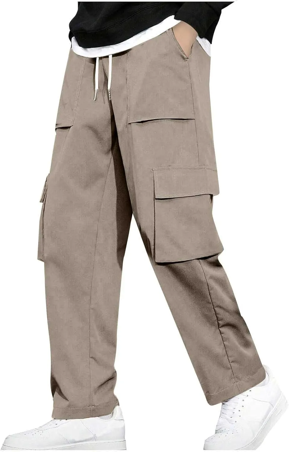Chino Cargo Pants for Men Elastic Waist Work Pants Straight Leg Hiking Pants Drawstring Stretch Active Pants with Pockets