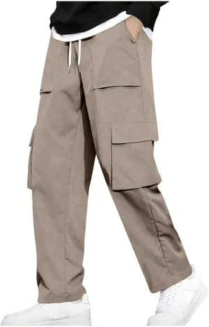 Chino Cargo Pants for Men Elastic Waist Work Pants Straight Leg Hiking Pants Drawstring Stretch Active Pants with Pockets