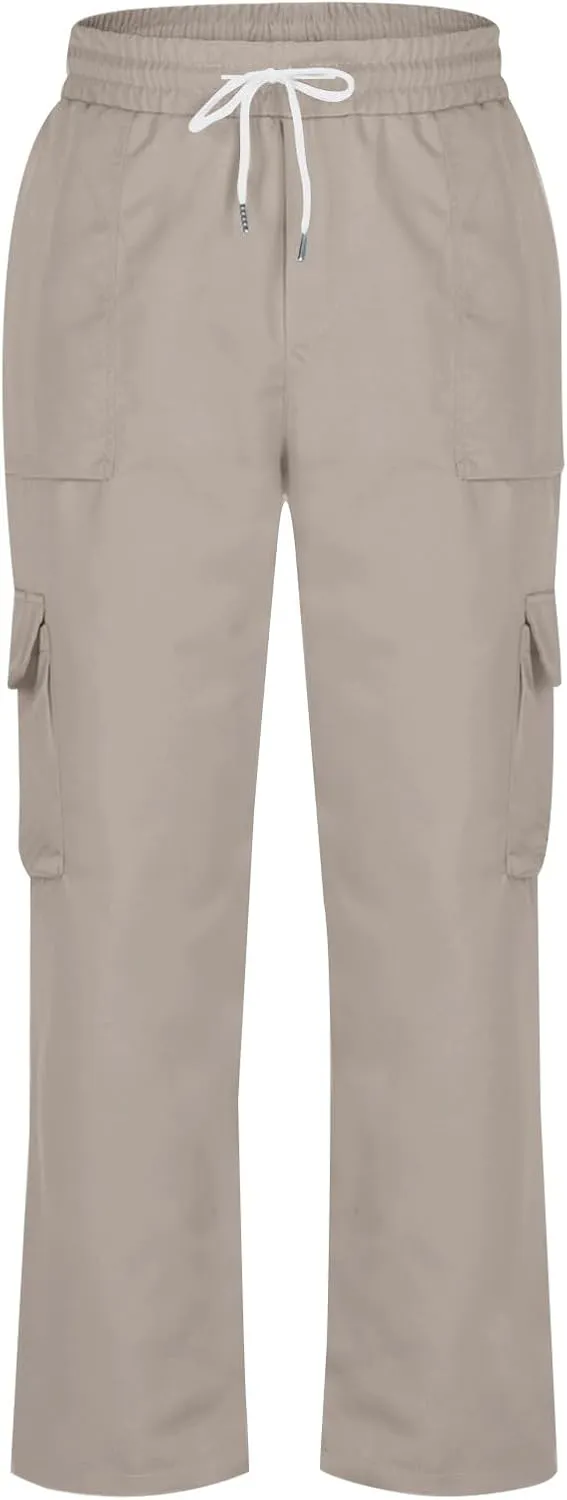 Chino Cargo Pants for Men Elastic Waist Work Pants Straight Leg Hiking Pants Drawstring Stretch Active Pants with Pockets