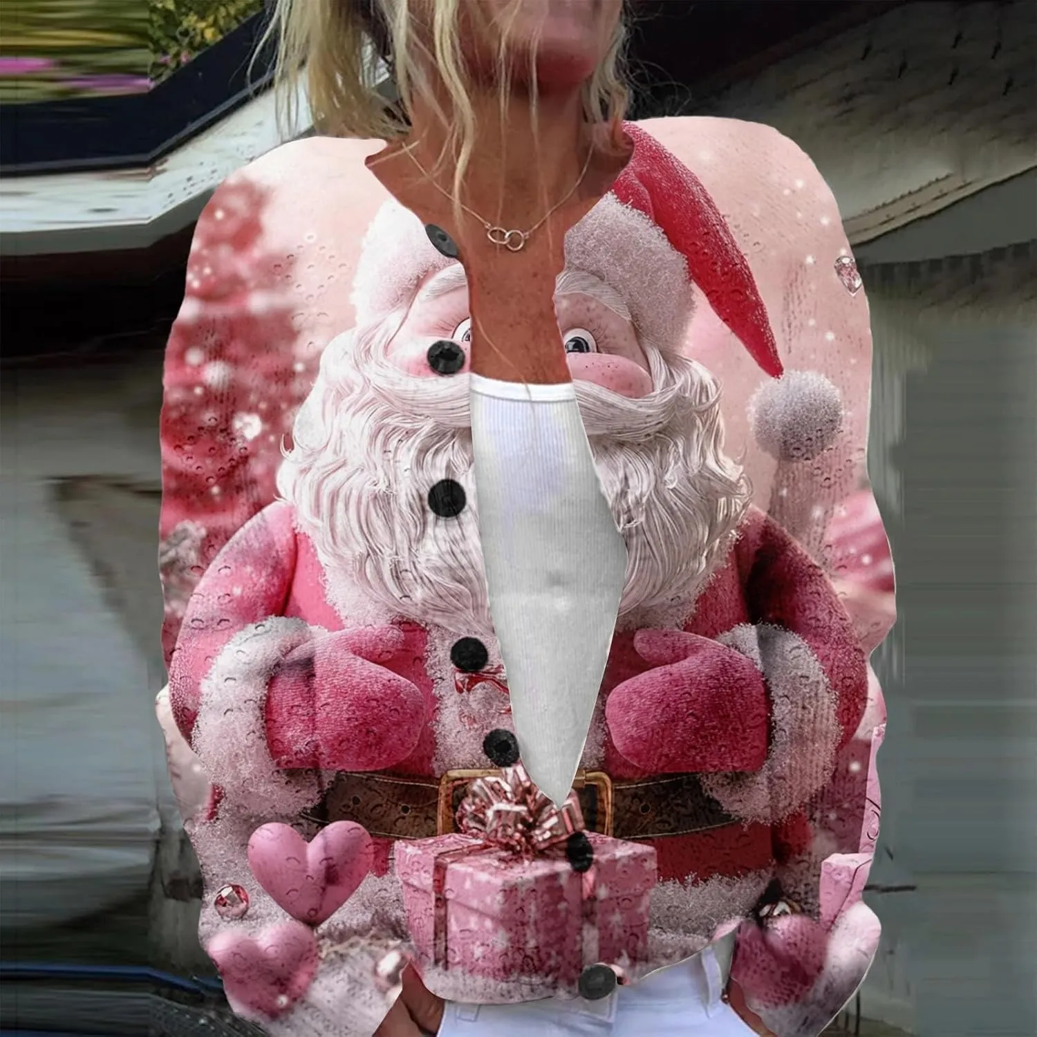 Christmas Sweater for Women Cute Xmas Floral Printed Cardigans Sweaters Open Front Button Down Casual Knitted Outerwear