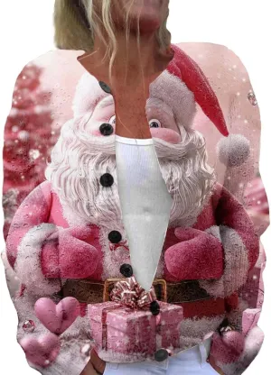 Christmas Sweater for Women Cute Xmas Floral Printed Cardigans Sweaters Open Front Button Down Casual Knitted Outerwear