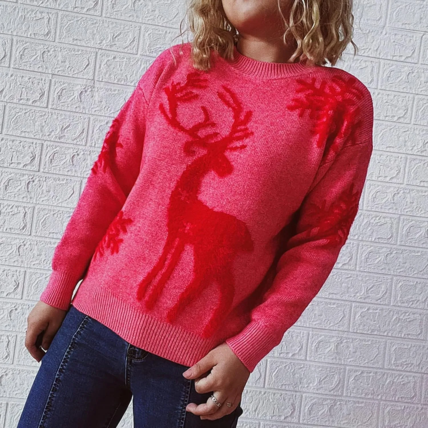 Christmas Sweaters for Women Oversized Reindeer Snowflake Pattern Knit Pullover Xmas Crewneck Sweatshirt Tops