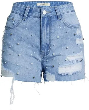 COMLIFE Women's Denim Shorts Worn Irregular Tassels Hem Sexy Studded Mid Waisted Jean Short Pants