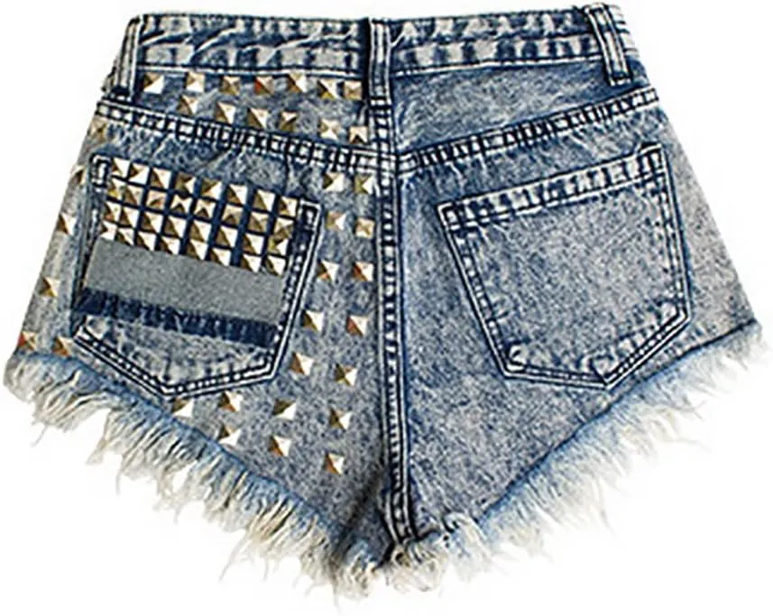COMLIFE Women's Denim Shorts Worn Irregular Tassels Hem Sexy Studded Mid Waisted Jean Short Pants