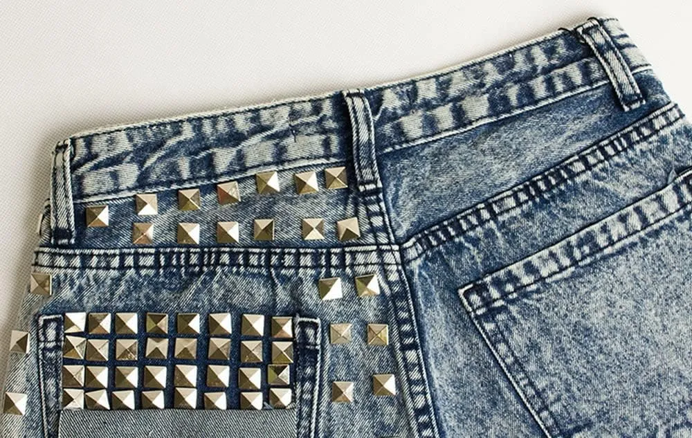 COMLIFE Women's Denim Shorts Worn Irregular Tassels Hem Sexy Studded Mid Waisted Jean Short Pants