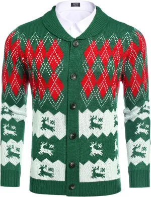 COOFANDY Men's Christmas Cardigans Ugly Xmas Sweaters Reindeer Snowflake Shawl Collar Knitted Cardigan Sweater