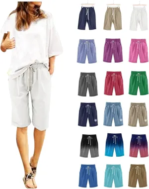 Cotton Linen Shorts for Women Loose Fit Knee Length Bermuda Shorts Elastic Waist Workout Shorts Casual Summer Shorts