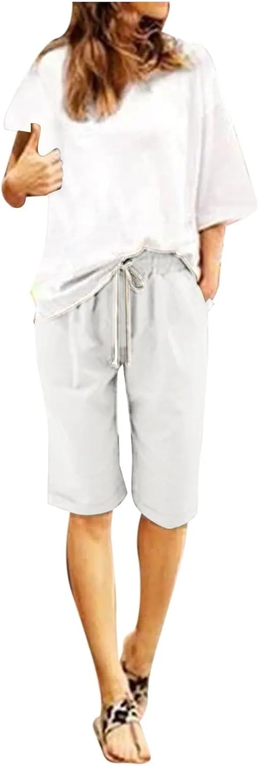 Cotton Linen Shorts for Women Loose Fit Knee Length Bermuda Shorts Elastic Waist Workout Shorts Casual Summer Shorts