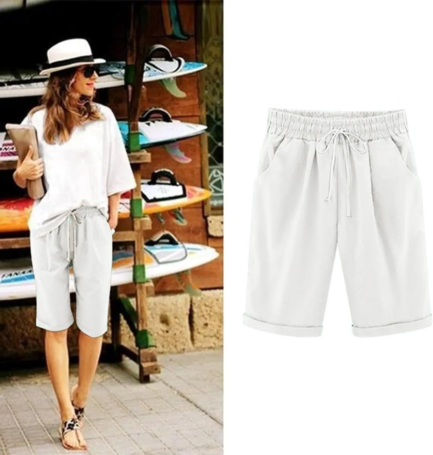 Cotton Linen Shorts for Women Loose Fit Knee Length Bermuda Shorts Elastic Waist Workout Shorts Casual Summer Shorts