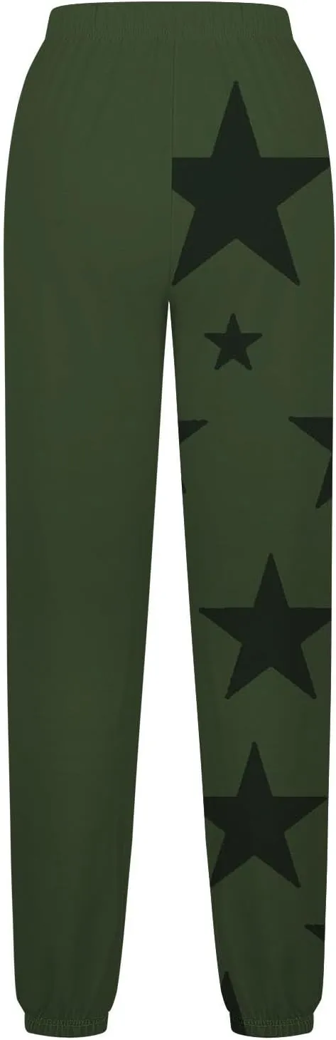 Cotton Star Printed Sweatpants Women High Waisted Joggers Drawstring Elastic Lounge Pants Yoga Running Gym Workout
