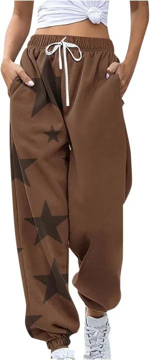 Cotton Star Printed Sweatpants Women High Waisted Joggers Drawstring Elastic Lounge Pants Yoga Running Gym Workout