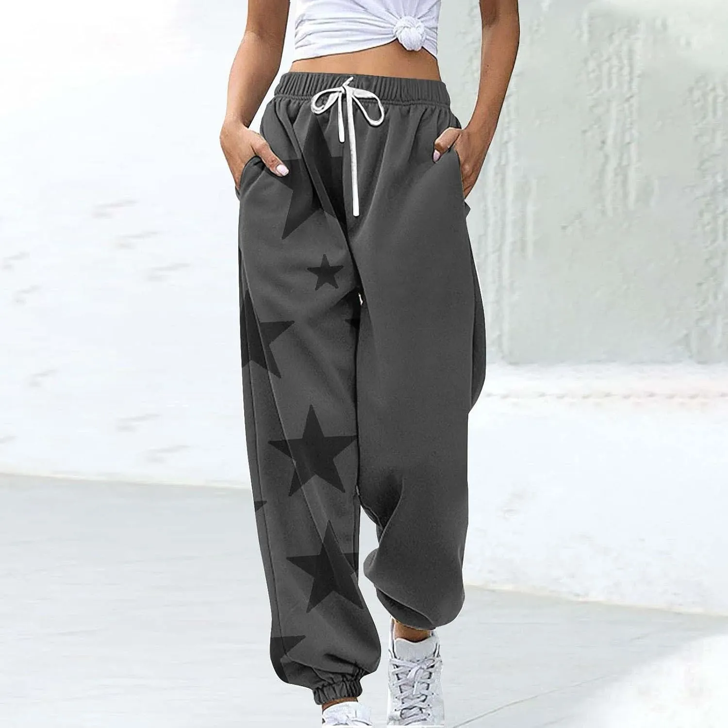 Cotton Star Printed Sweatpants Women High Waisted Joggers Drawstring Elastic Lounge Pants Yoga Running Gym Workout