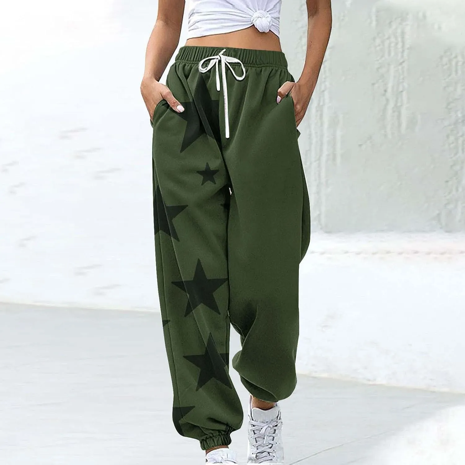 Cotton Star Printed Sweatpants Women High Waisted Joggers Drawstring Elastic Lounge Pants Yoga Running Gym Workout