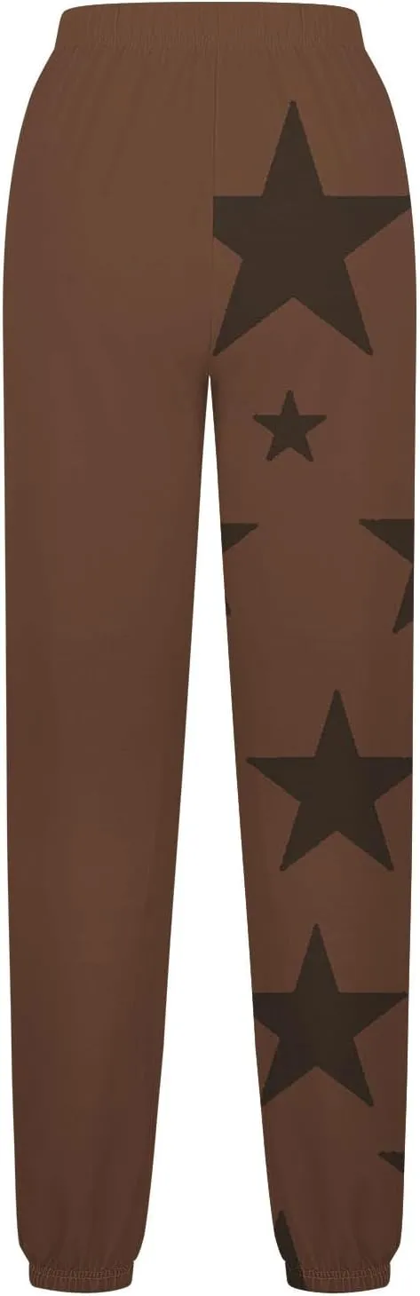 Cotton Star Printed Sweatpants Women High Waisted Joggers Drawstring Elastic Lounge Pants Yoga Running Gym Workout