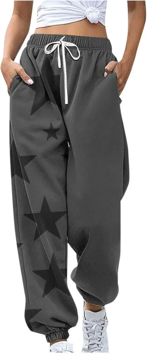Cotton Star Printed Sweatpants Women High Waisted Joggers Drawstring Elastic Lounge Pants Yoga Running Gym Workout