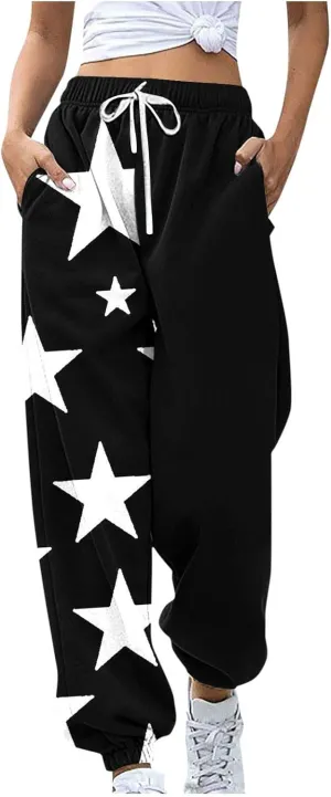 Cotton Star Printed Sweatpants Women High Waisted Joggers Drawstring Elastic Lounge Pants Yoga Running Gym Workout