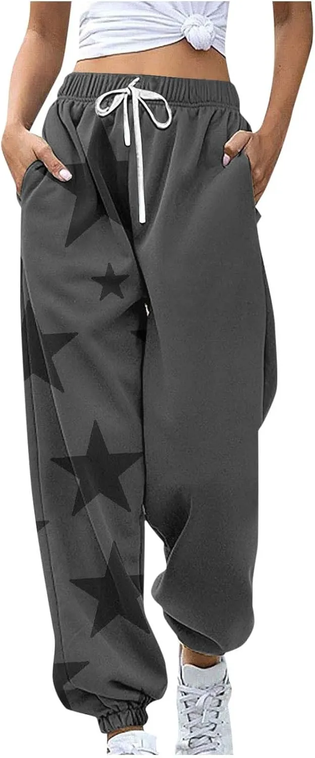 Cotton Star Printed Sweatpants Women High Waisted Joggers Drawstring Elastic Lounge Pants Yoga Running Gym Workout