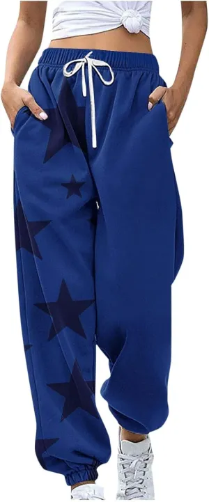 Cotton Star Printed Sweatpants Women High Waisted Joggers Drawstring Elastic Lounge Pants Yoga Running Gym Workout
