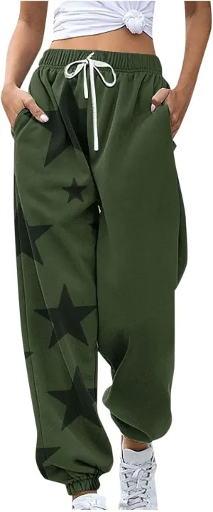 Cotton Star Printed Sweatpants Women High Waisted Joggers Drawstring Elastic Lounge Pants Yoga Running Gym Workout