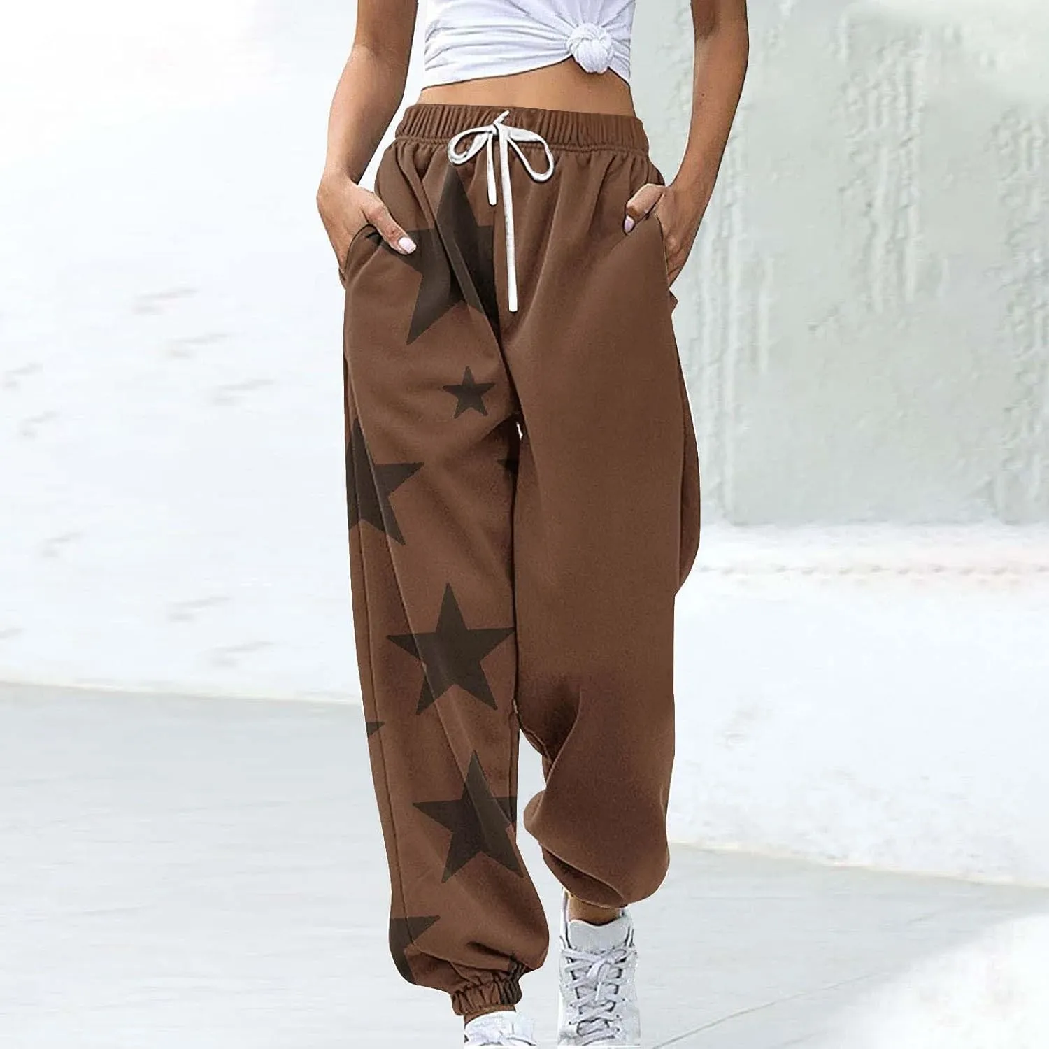 Cotton Star Printed Sweatpants Women High Waisted Joggers Drawstring Elastic Lounge Pants Yoga Running Gym Workout