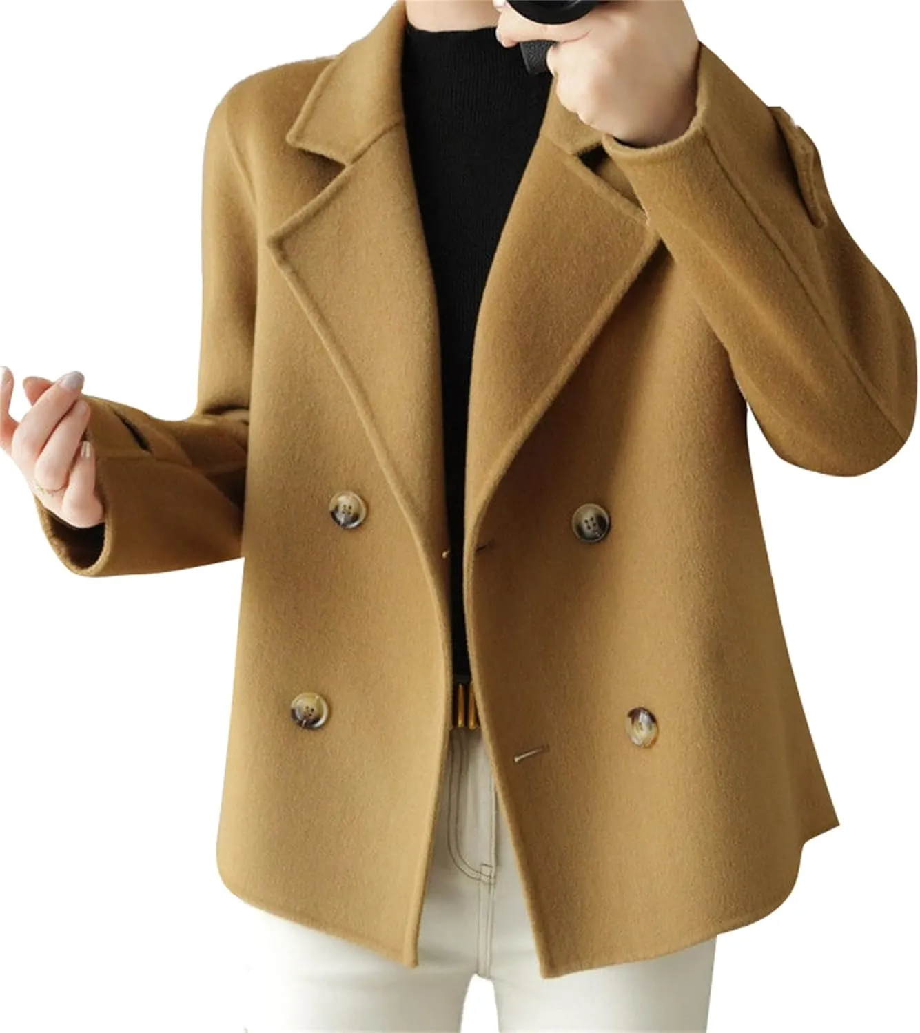 Cromoncent Women's Notched Lapel Double Breasted Wool Blend Jackets Outerwear