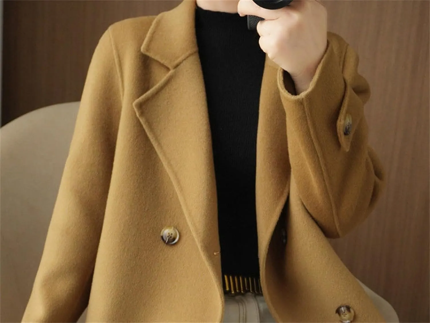 Cromoncent Women's Notched Lapel Double Breasted Wool Blend Jackets Outerwear