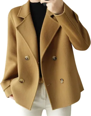 Cromoncent Women's Notched Lapel Double Breasted Wool Blend Jackets Outerwear