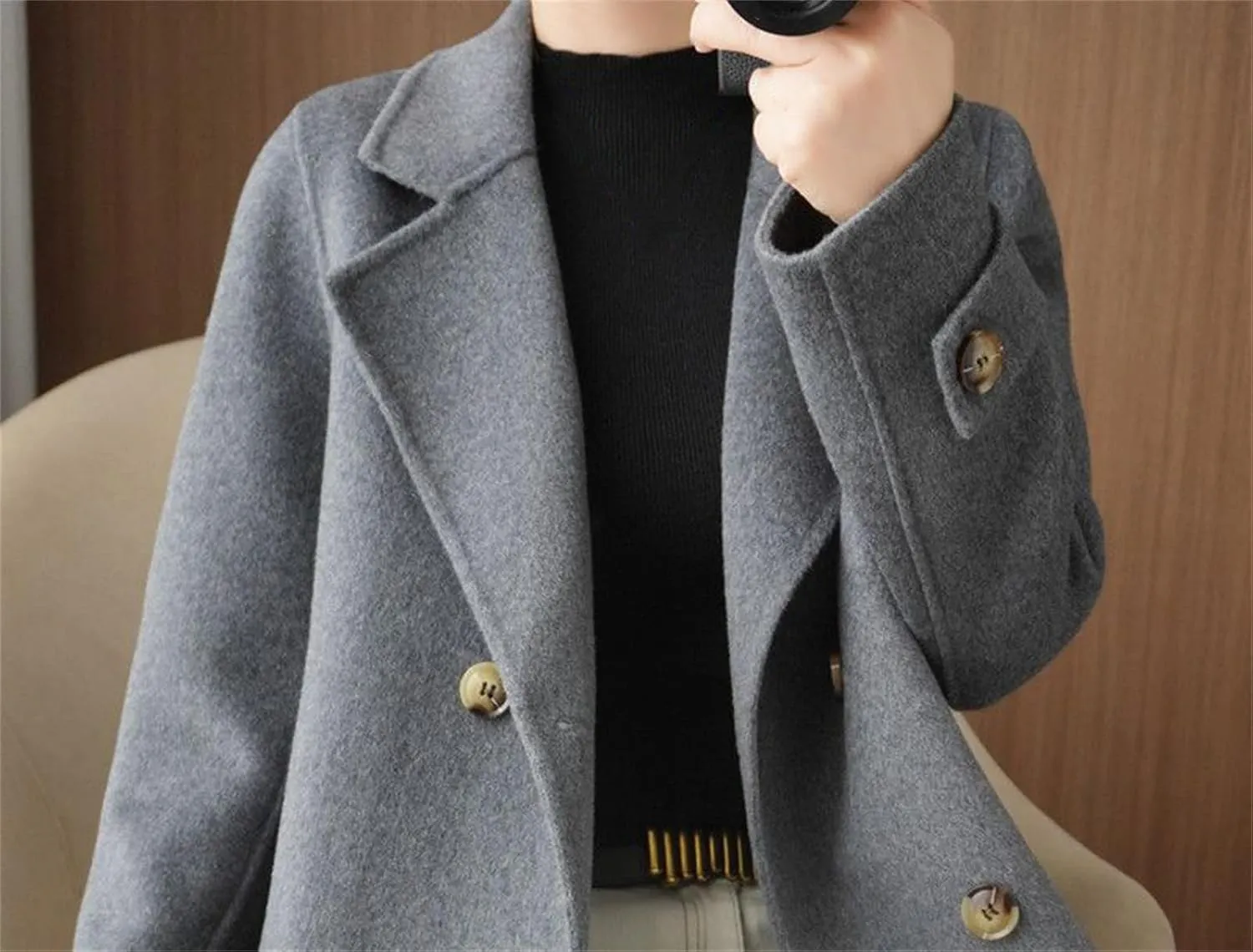 Cromoncent Women's Notched Lapel Double Breasted Wool Blend Jackets Outerwear