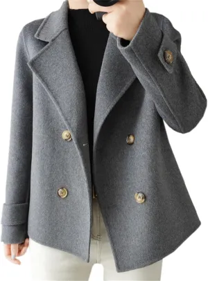 Cromoncent Women's Notched Lapel Double Breasted Wool Blend Jackets Outerwear