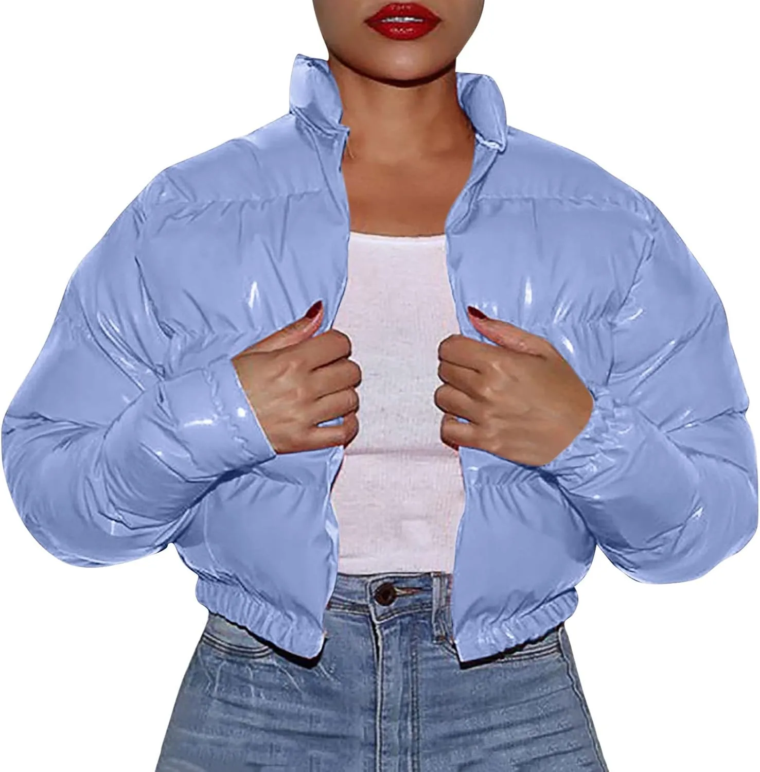 Cropped Puffer Coats Women Winter Zipper Shiny Short Quilted Jacket Fashion Stand Collar Warm Fluffy Padded Down Coat