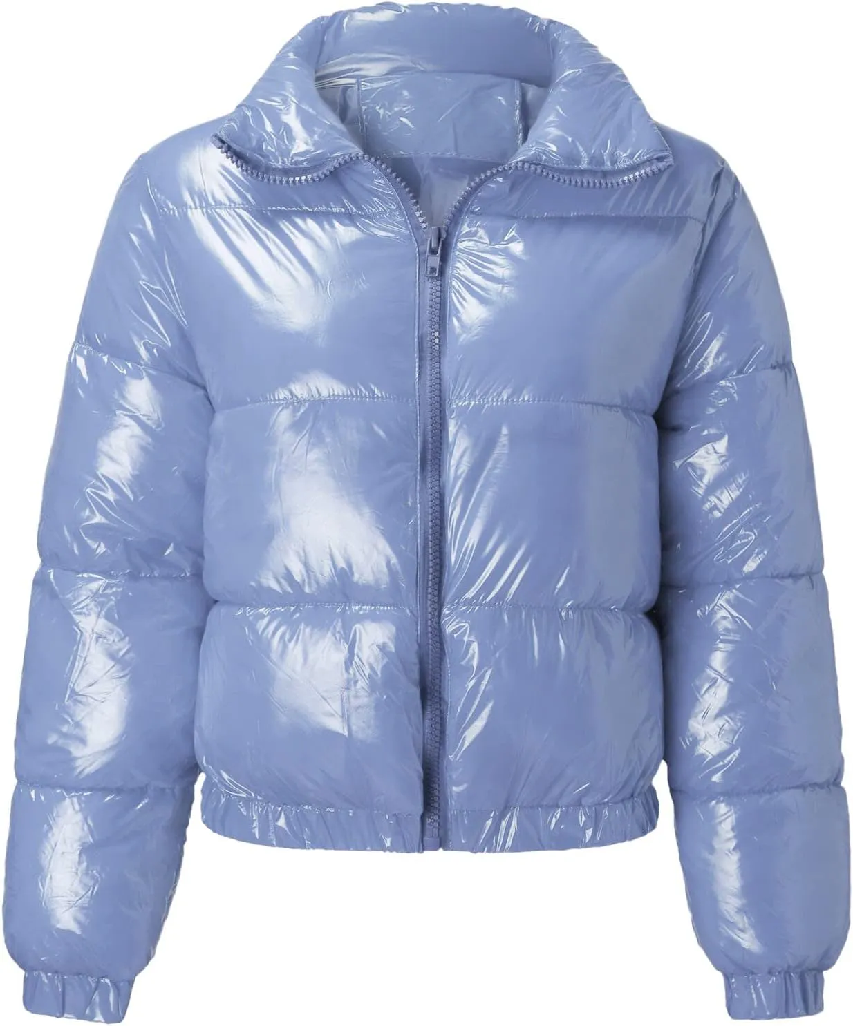 Cropped Puffer Coats Women Winter Zipper Shiny Short Quilted Jacket Fashion Stand Collar Warm Fluffy Padded Down Coat