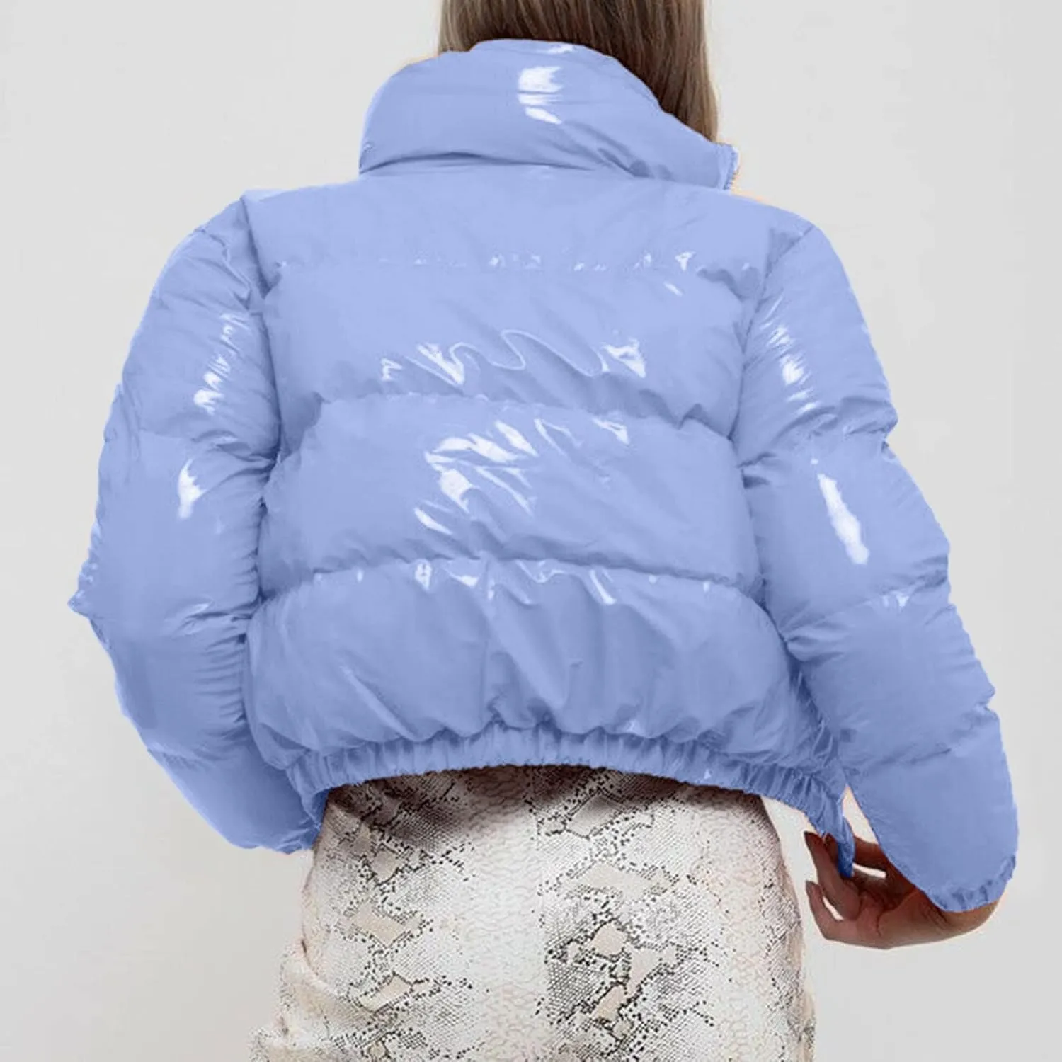 Cropped Puffer Coats Women Winter Zipper Shiny Short Quilted Jacket Fashion Stand Collar Warm Fluffy Padded Down Coat
