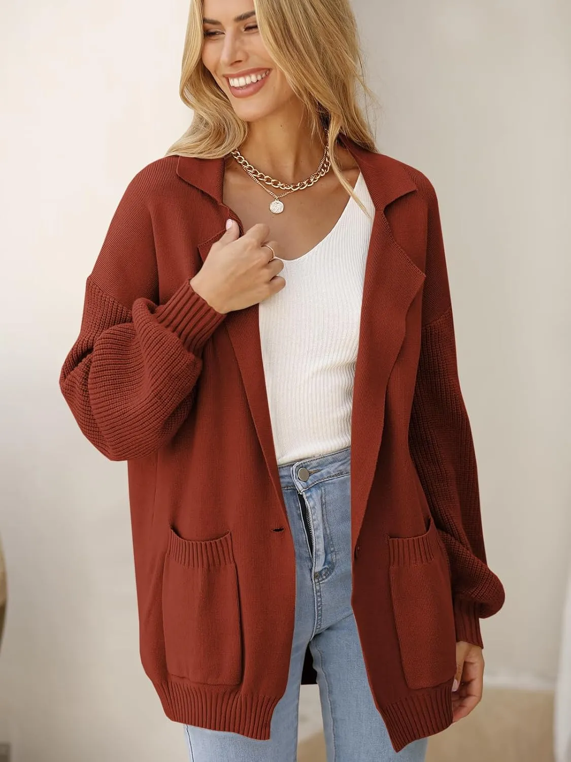 DEEP SELF Long Cardigan Sweaters for Women 2025 Fall Winter Open Front Knit Button Ribbed Cardigans with Pockets