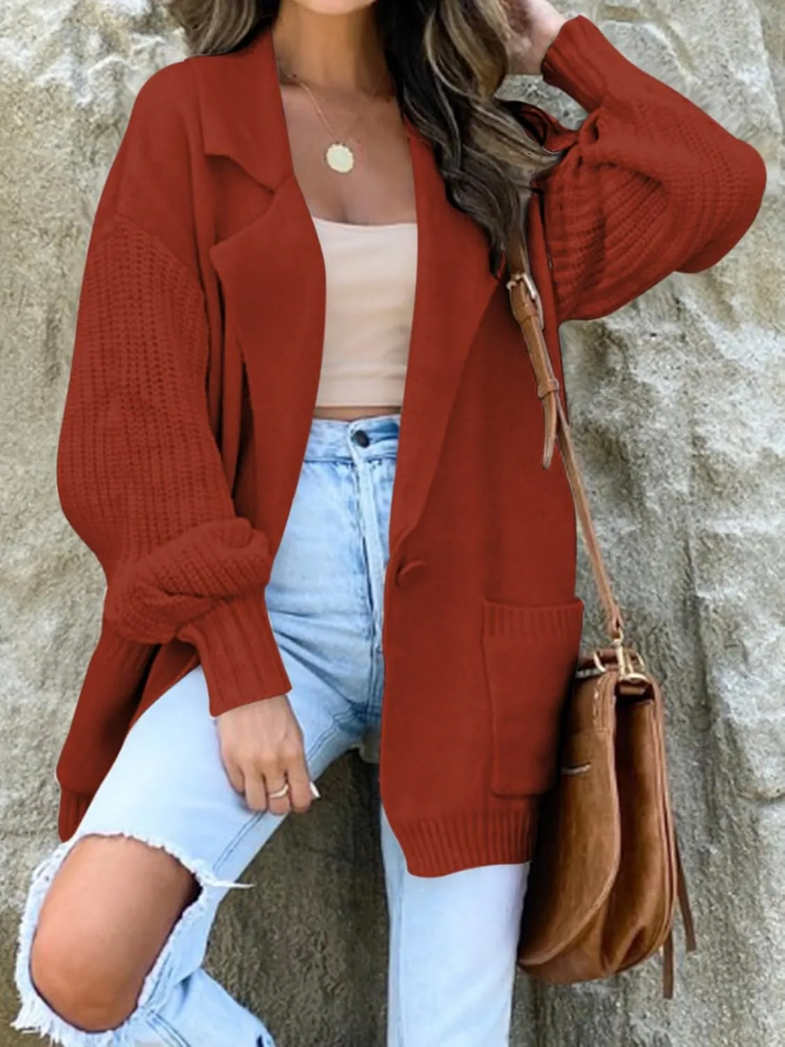 DEEP SELF Long Cardigan Sweaters for Women 2025 Fall Winter Open Front Knit Button Ribbed Cardigans with Pockets