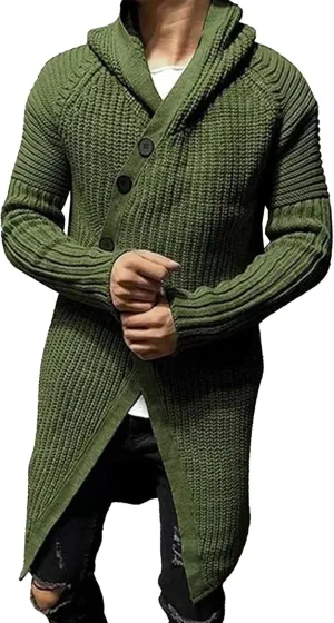 DGHM-JLMY Mens Mid-Long Sweater Hooded Ribbed Knit Cardigans Coat Button Down Open Front Knitted Cardigan Overcoats