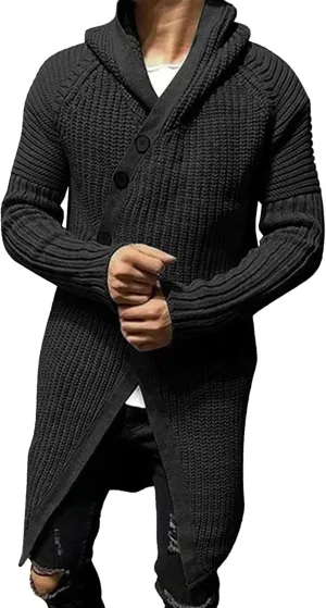 DGHM-JLMY Mens Mid-Long Sweater Hooded Ribbed Knit Cardigans Coat Button Down Open Front Knitted Cardigan Overcoats