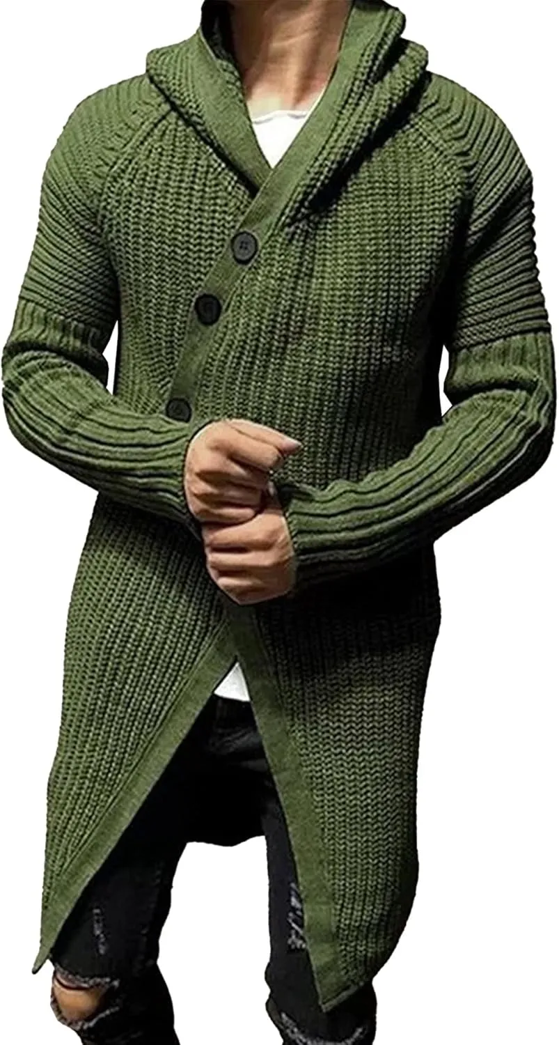 DGHM-JLMY Mens Mid-Long Sweater Hooded Ribbed Knit Cardigans Coat Button Down Open Front Knitted Cardigan Overcoats