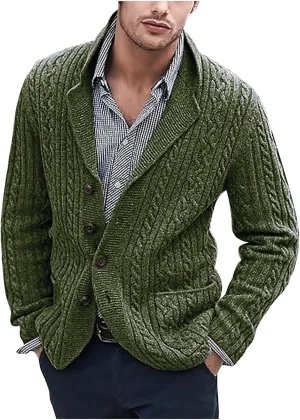 Dgoopd Cardigan Sweaters for Men Cable Knit Button Down Sweater Notch Lapel Jacket V Neck Open Front Cardigan Casual Outwear