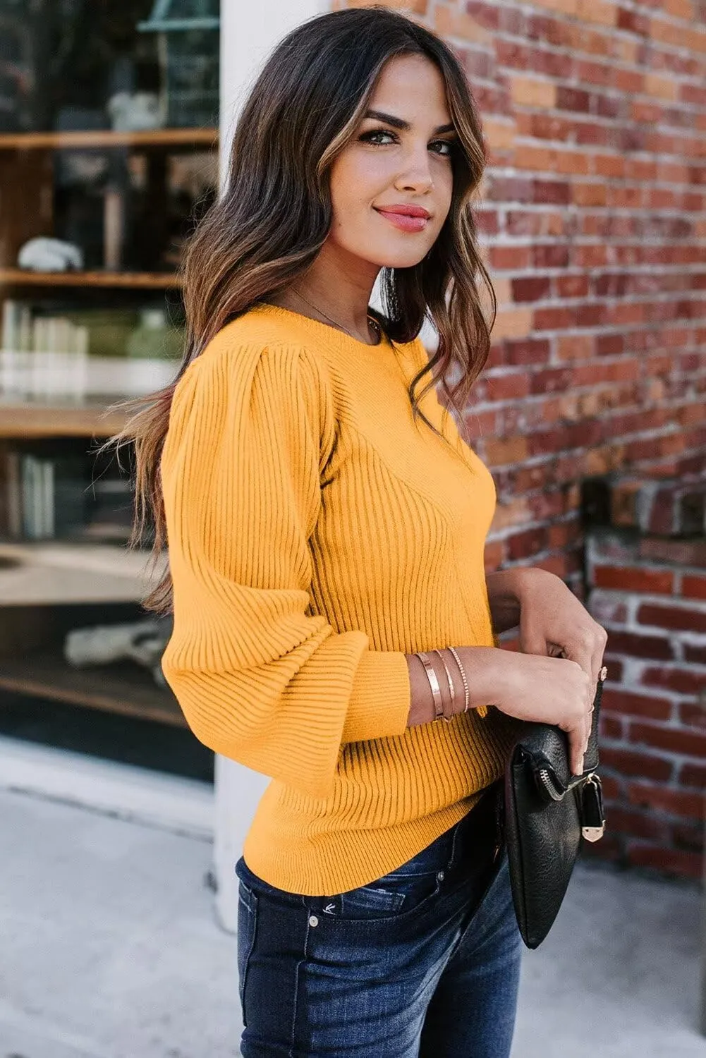 Dokotoo Womens Ribbed Knit Long Lantern Sleeves Sweater Crewneck Casual Slim Fit Pullover Jumper Tops