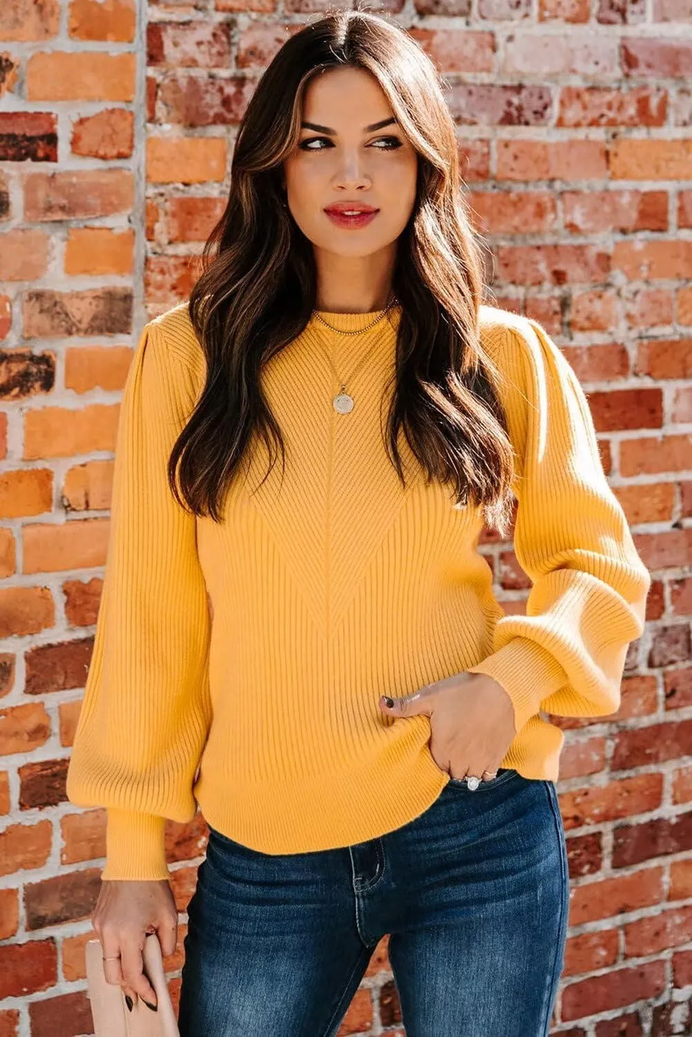 Dokotoo Womens Ribbed Knit Long Lantern Sleeves Sweater Crewneck Casual Slim Fit Pullover Jumper Tops