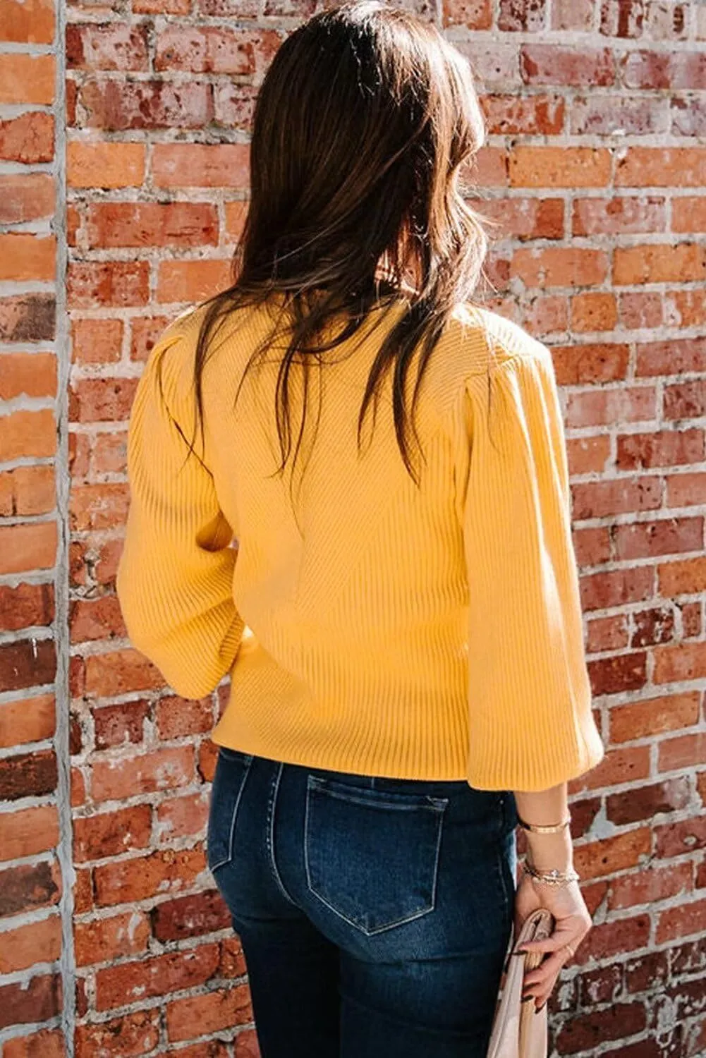 Dokotoo Womens Ribbed Knit Long Lantern Sleeves Sweater Crewneck Casual Slim Fit Pullover Jumper Tops
